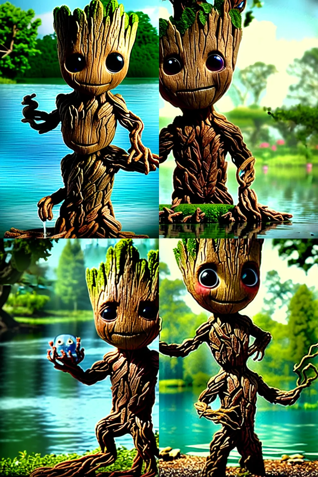 Prompt: little cute Groot takes a bath in the lake, against the backdrop of trees, poster, by disney plus