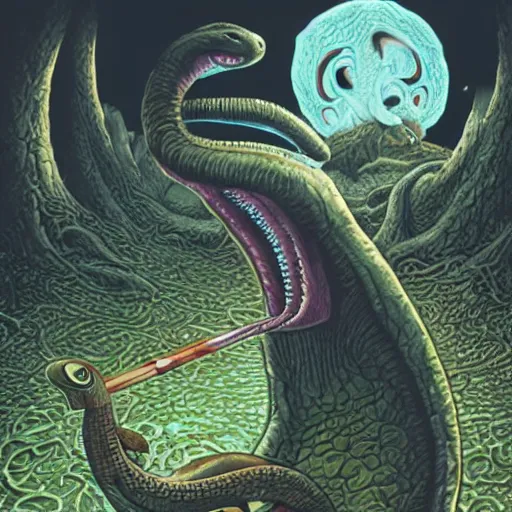 Image similar to A centered chest up portrait of a psychedelic demonic anthropomorphic snake smoking a hand-rolled cigarette smoking heavily , magic mushroom village in background , award winning. superb resolution. in the art style of junji Ito and greg rutkowski . Detailed Mushroom city in background. Hyper realistic anime. Perfect art. Dalle2