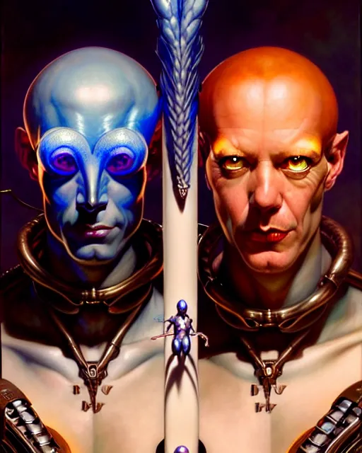 Image similar to a portrait of gemini good and evil fantasy character portrait facing each other, ultra realistic, wide angle, intricate details, the fifth element artifacts, highly detailed by peter mohrbacher, hajime sorayama, wayne barlowe, boris vallejo, aaron horkey, gaston bussiere, craig mullins