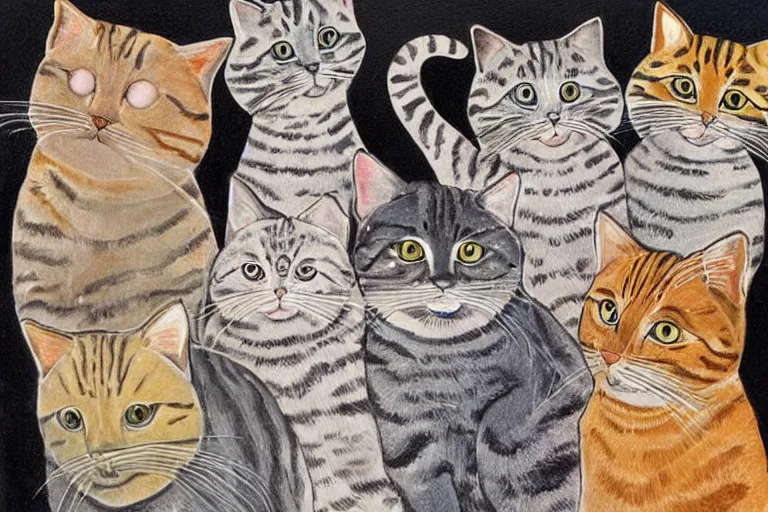 Image similar to beautiful art illustration of a group of happy cats by tony healey, highly detailed
