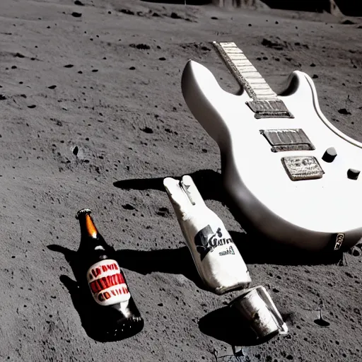 Prompt: photo of an electric guitar and a beer can sitting idle on the moon surface