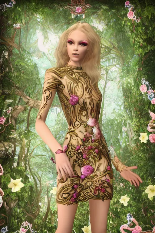 Image similar to beautiful blonde model wearing ornate floral valentino resort ss 2 0 1 6 dress in a 3 d psx rpg style, magical alien forest environment, fashion gameplay screenshot, highly detailed