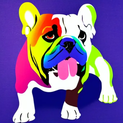 Image similar to rainbow excited smiling bulldog. pop art.