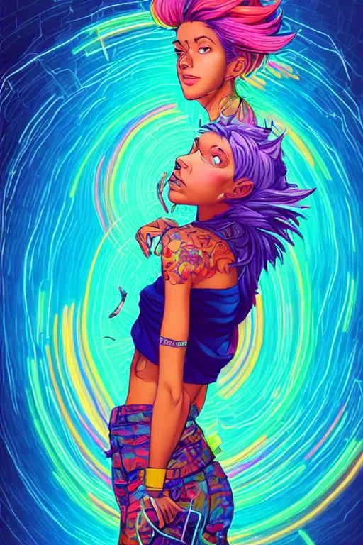 Image similar to a award winning full body portrait of a beautiful woman with stunning eyes in a one off shoulder croptop and cargo pants with rainbow colored hair, outlined by whirling illuminated neon lines and fine lines swirling in circles by jesper ejsing and rhads and makoto and shinkai and lois van baarle, digital art, trending on artstation