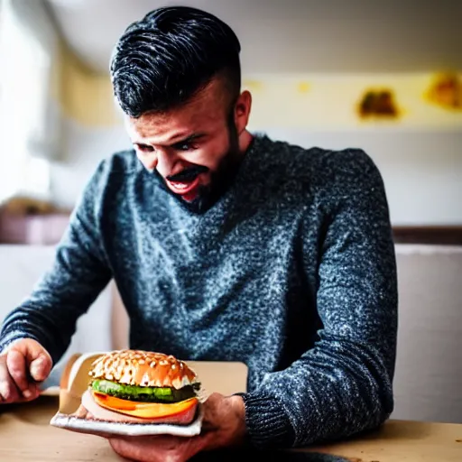 Image similar to man taking a big bite out of a juicy hamburger