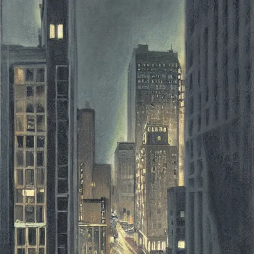 Image similar to muted color ultra realistic painting of 1 9 2 5 boston downtown at night viewed through a broken mirror, aerial view, dark, brooding, night, atmospheric, horror, cosmic, ultra - realistic, smooth, highly detailed in the style of clyde caldwell