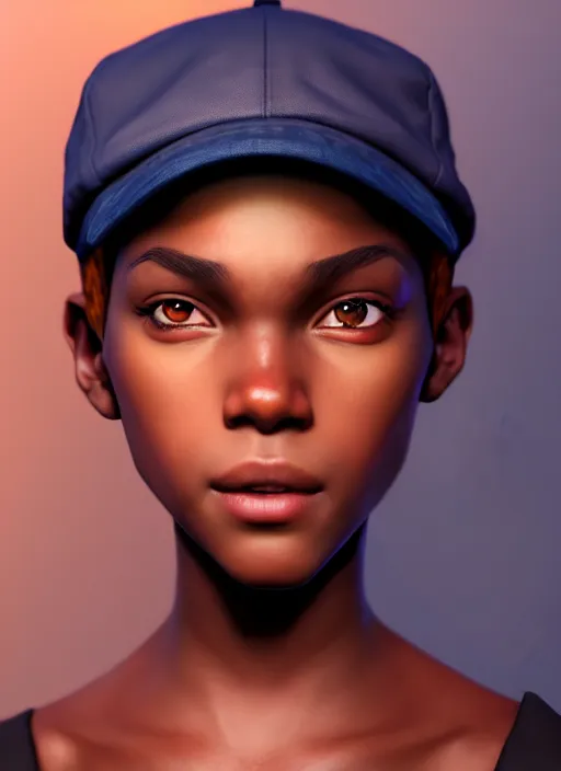 Prompt: An epic fantasy comic book style portrait painting of a young dark skinned girl with short hair wearing fantasy clothes dressed as a boy and wearing newsboy cap, unreal 5, DAZ, hyperrealistic, octane render, cosplay, RPG portrait, dynamic lighting
