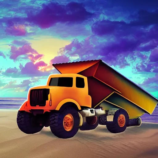 Image similar to a mining dump truck chilling on the beach, sunset, vaporwave