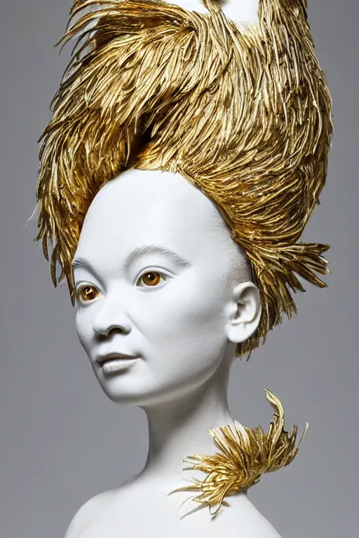 Image similar to full head and shoulders, realistic bjork porcelain rooster sculpture, smooth, delicate facial features, white eyes, white lashes, detailed white, lots of 3 d gold, all white features on a white background, by daniel arsham and james jean