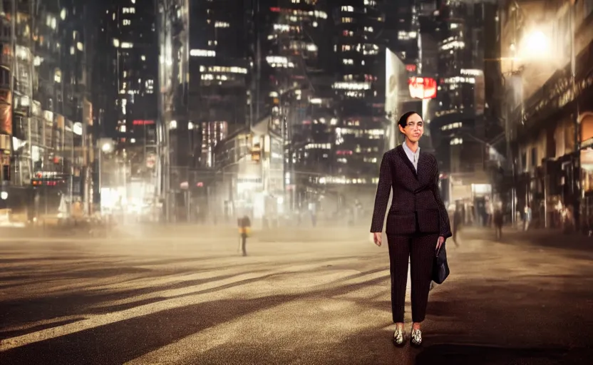 Image similar to a wide shot of a woman with a wool suit, very short dark hair, blurred face, wearing an omega speedmaster on her wrist in front of a crowded dystopian city full of people walking at night with fog and cyberpunk lights