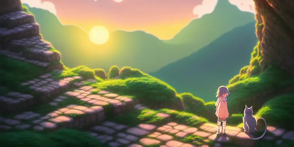 Image similar to the girl and the cat. beautiful sunrise. small village in the mountains. rocky roads. matte painting, anime, studio ghibli. intricate, elegant, super highly detailed, professional digital painting, artstation, concept art, smooth, Unreal Engine 5, Photorealism, HD quality, 8k resolution, cinema 4d, 3D, beautiful, cinematic