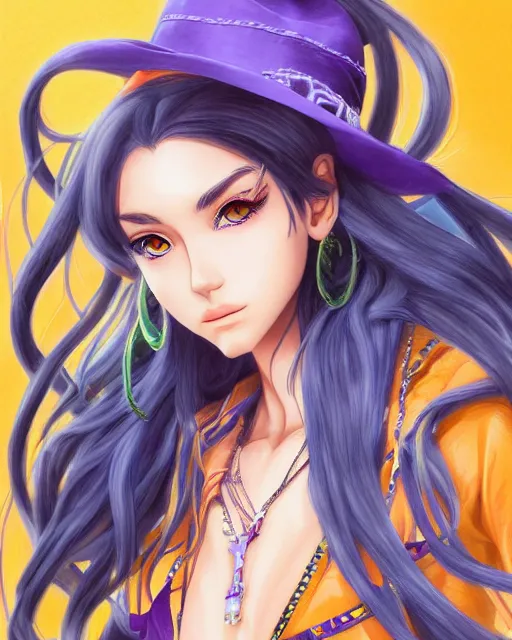 Image similar to portrait of madison beer, beautiful, elegant colorful, inspired by steel ball run manga, artstation trending, deviantart, highly detailed, focus, smooth, illustrated by hirohiko araki