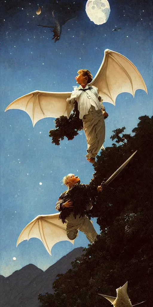 Prompt: a white bat, flying against a night sky, mountain in the background, moonlight, denoised, very detailed, painted by james gurney, norman rockwell, tom bagshaw