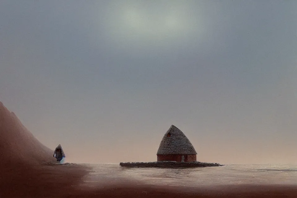 Prompt: seashell shaped house, lone fisherman, in the style of john harris and moebius