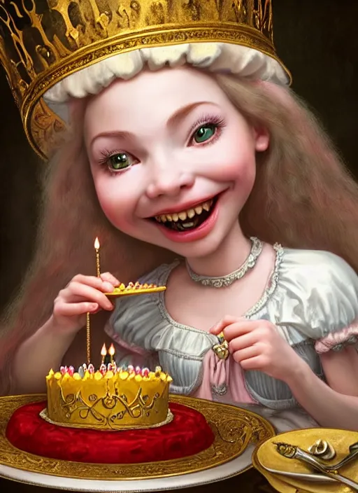 Image similar to highly detailed closeup portrait of a grinning fairytale medieval princess eating birthday cake, unreal engine, nicoletta ceccoli, mark ryden, lostfish, earl norem, global illumination, god rays, detailed and intricate environment