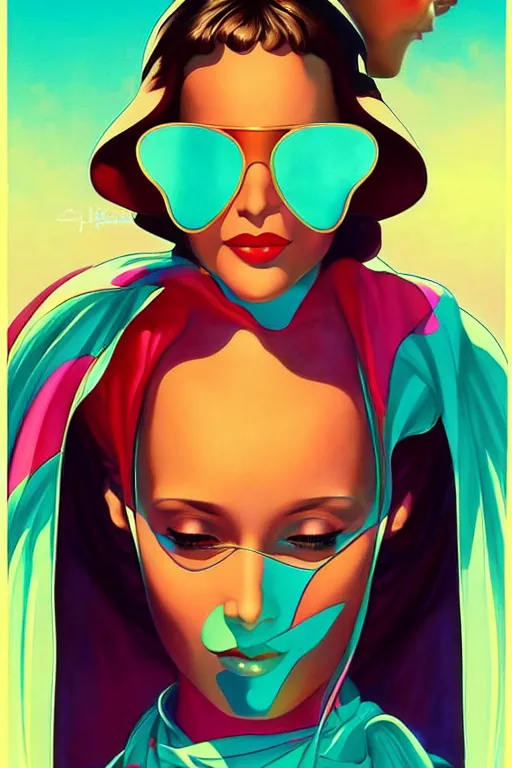 Prompt: 🧕🏽☁, 8 0 s art deco, artstation, moebius + artgerm, hd,