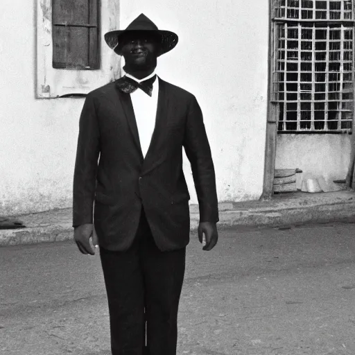 Image similar to vintage photo of a black man wearing a black suit in rio de janeiro