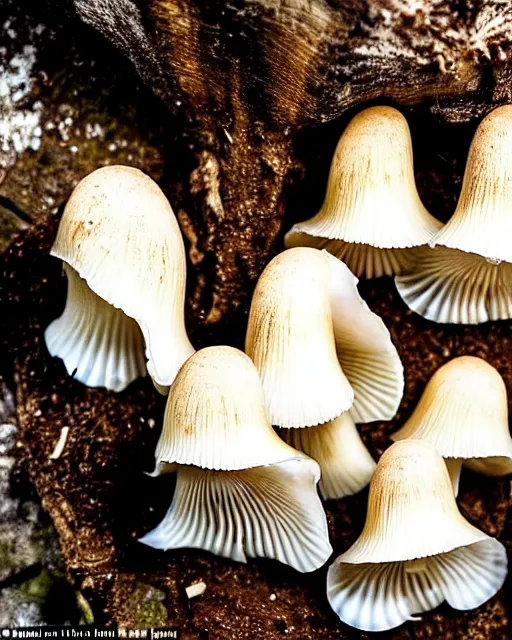 Image similar to a small family of conical oyster mushrooms is located on a rotten stump, which suspiciously reach for an unusual symbol on the wall depicting a dissected cross
