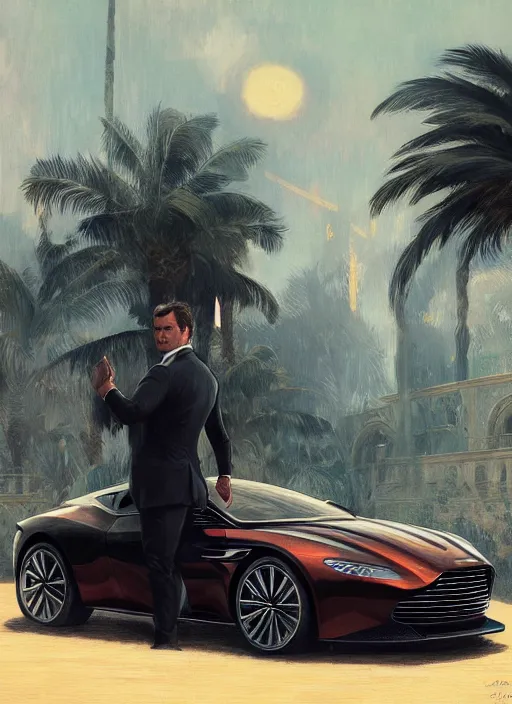 Image similar to portrait of henry cavill as james bond, key art, sprinting, palm trees, aston martin db 1 0, highly detailed, digital painting, artstation, concept art, cinematic lighting, sharp focus, illustration, by gaston bussiere alphonse mucha