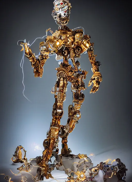 Image similar to baroque and cyberpunk style full-body sculpture of a young seductive Hispanic prince half android with a chest exposing a glowing ruby battery with porcelain arms posed like a model, glowing gold laser eyes, crown of white gears and sparkling diamonds, swirling white-colored silk fabric, robot dinosaurs. modern elements. reflective surfaces. intricate artwork by caravaggio. art by Artgerm and Alphonse Mucha, Trending on artstation, cinematic industrial lighting, photorealistic, octane render, 8k, depth of field, 3D