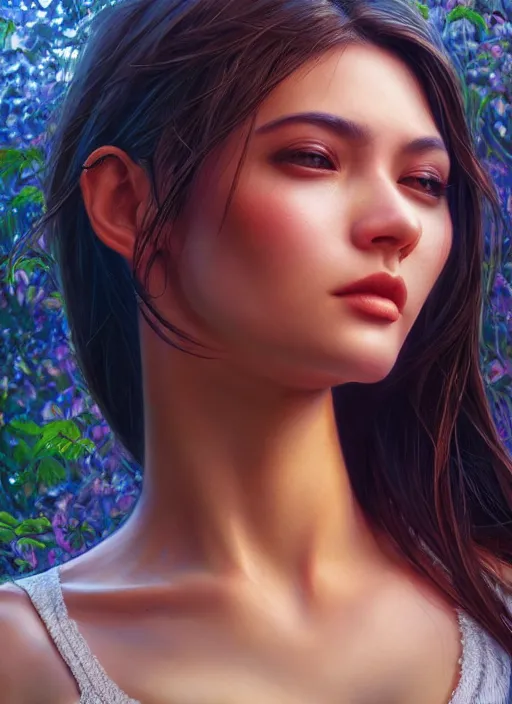 Image similar to photo of a gorgeous female in the style of stefan kostic, realistic, half body shot, sharp focus, 8 k high definition, insanely detailed, intricate, elegant, art by stanley lau and artgerm, extreme bokeh foliage