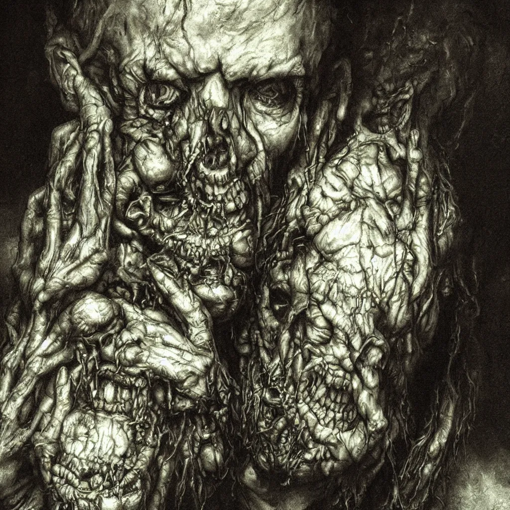 Image similar to closeup portrait of a zombie, creepy atmosphere, dark, portrait, realistic, very realistic, illustration by gustave dore