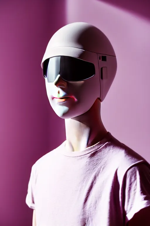 Prompt: a high definition film photograph of a normal androgynous robot human wearing a plain white t - shirt, in a pastel pink room. happy. visor covering eyes silver. crushed shadows.