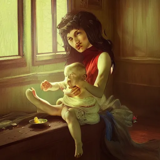 Prompt: evil baby eating demon in old house, highly detailed, digital painting, interior, artstation, concept art, smooth, sharp focus, illustration, Unreal Engine 5, 8K, art by artgerm and greg rutkowski and alphonse mucha