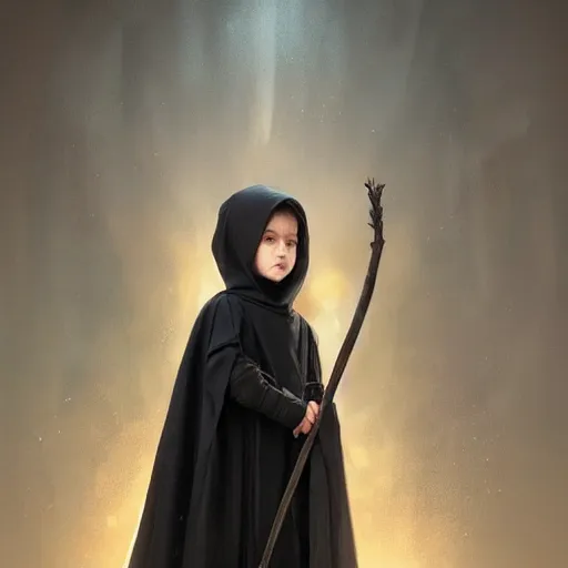 Image similar to perfectly - centered - portrait of a kid wearing black cloak holding stick, intricate, highly detailed, digital painting, artstation, concept art, smooth, sharp focus, illustration, unreal engine 5, 8 k, art by artgerm and greg rutkowski and alphonse mucha