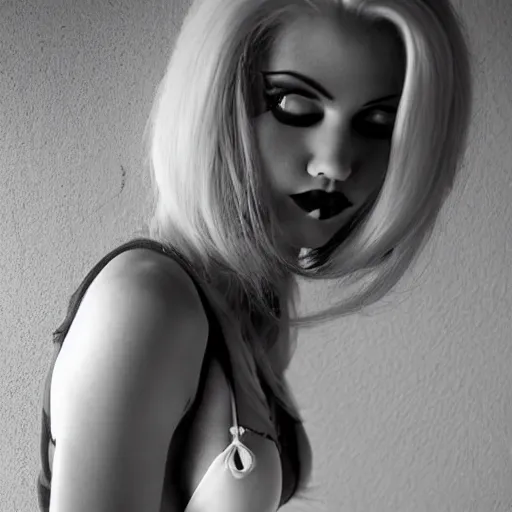 Prompt: modeling photograph pinup bikini kerli koiv, blonde, beautiful, dark, mysterious, bubble goth, detailed symmetrical face, half body shot, fog dramatic, teen