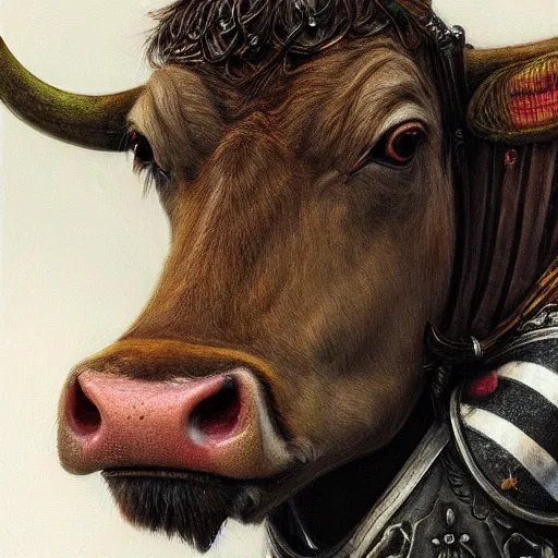 Prompt: cow as a realistic fantasy knight, closeup portrait art by donato giancola and greg rutkowski, realistic face, digital art, trending on artstation, symmetry!!