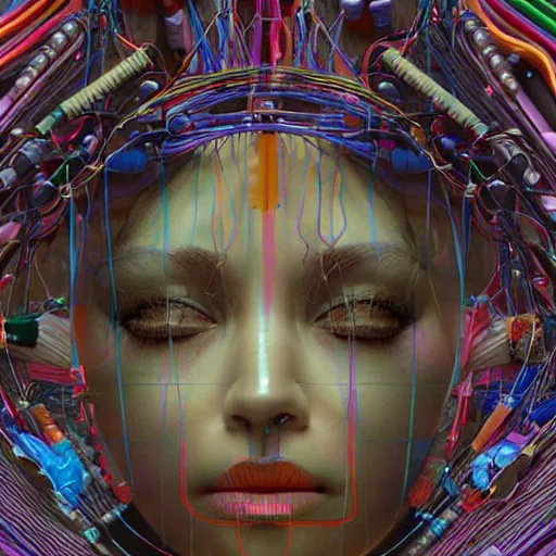 Image similar to deeper into the metaverse we go, piles of modular synth cables, puerto rican goddess swimming up wearing a headpiece made of circuit boards, by cameron gray, wlop, stanley kubrick, masamune, hideki anno, jamie hewlett, unique perspective, trending on artstation, 3 d render, vivid pastel colors