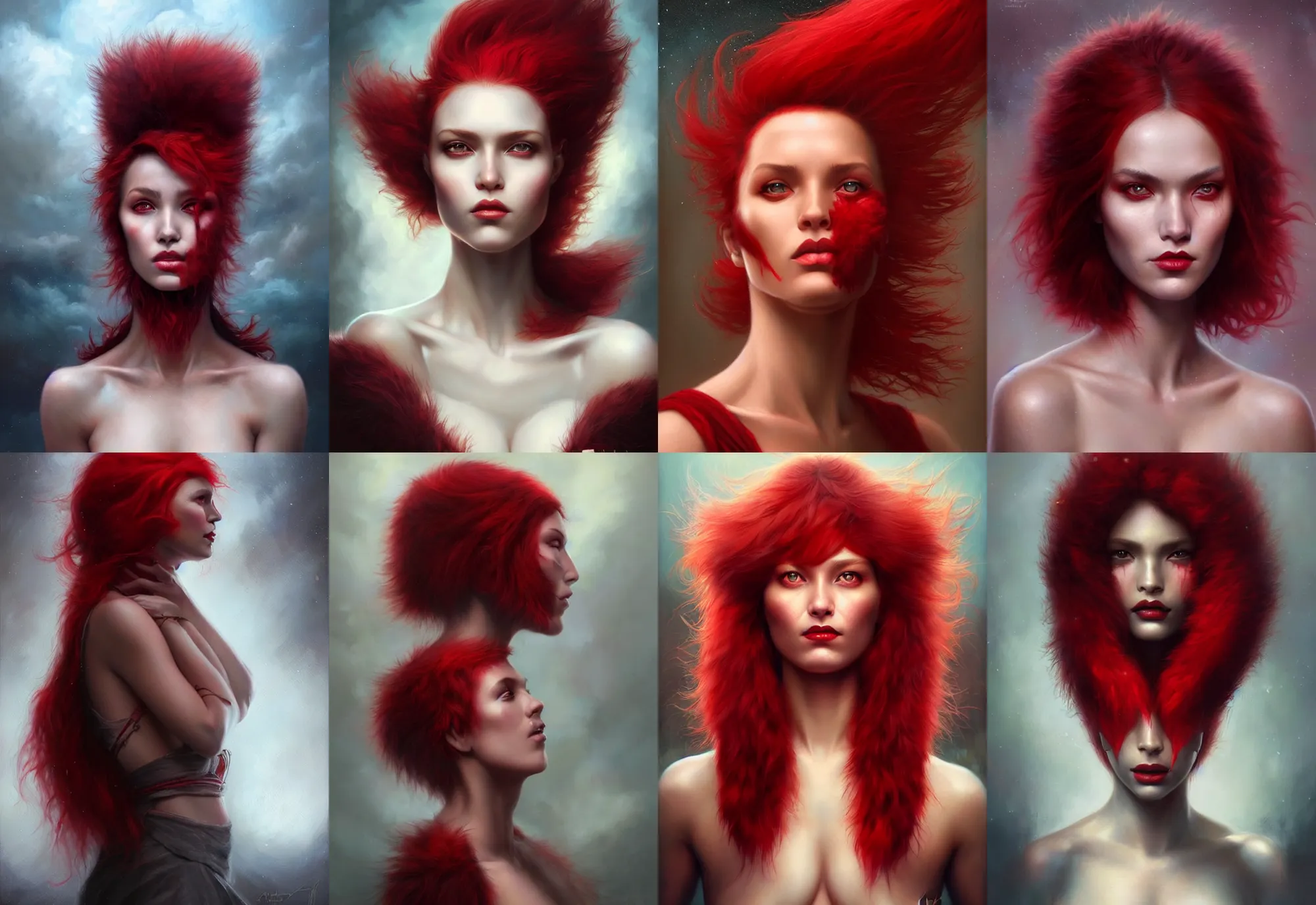 Prompt: a beautiful woman with red fur growing from her face, painted by artgerm and tom bagshaw, fantasy art, dramatic lighting, highly detailed oil painting