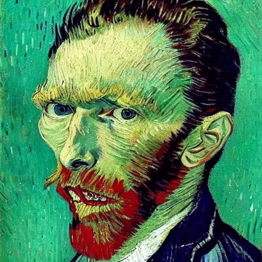 Image similar to van gogh painting of a man with insects in his eyes, bloody face, ugly teeth