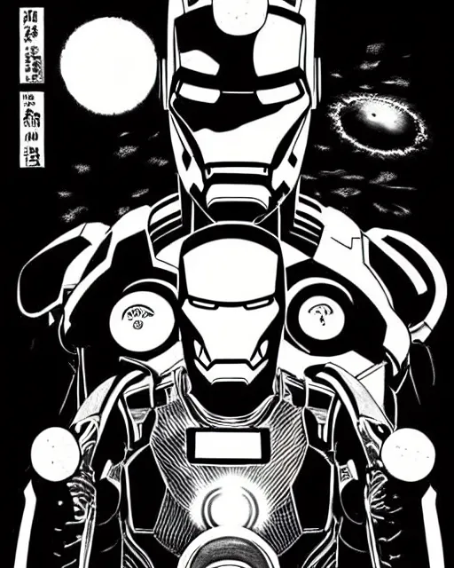 Image similar to black and white sad iron man with wires eat banana on hands on the destroed moon, wires earth background, by tsutomu nihei