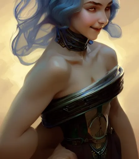 Prompt: young dragon girl, hourglass slim figure, playful smile, sad eyebrows, silver hair, blue eyes, dungeons and dragons portrait, highly detailed, digital painting, artstation, concept art, sharp focus, illustration, art by artgerm and greg rutkowski and alphonse mucha