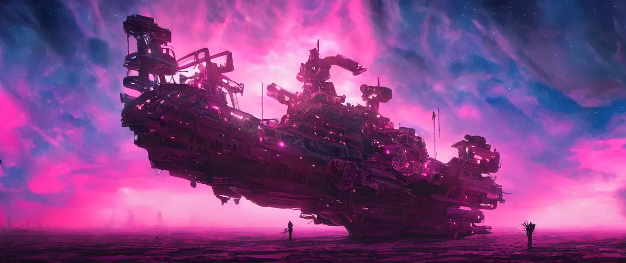 Prompt: space, hyperdetailed illustration, portrait big dark punk, mohawk, stars, pink, neon, oil painting, rich deep colors masterpiece, pirate neon ship, ultra detailed, contrast, heaven pink, clouds, volumetric light, atmospheric lighting, dramatic, cinematic, moody, octane render 4 k, 8 k