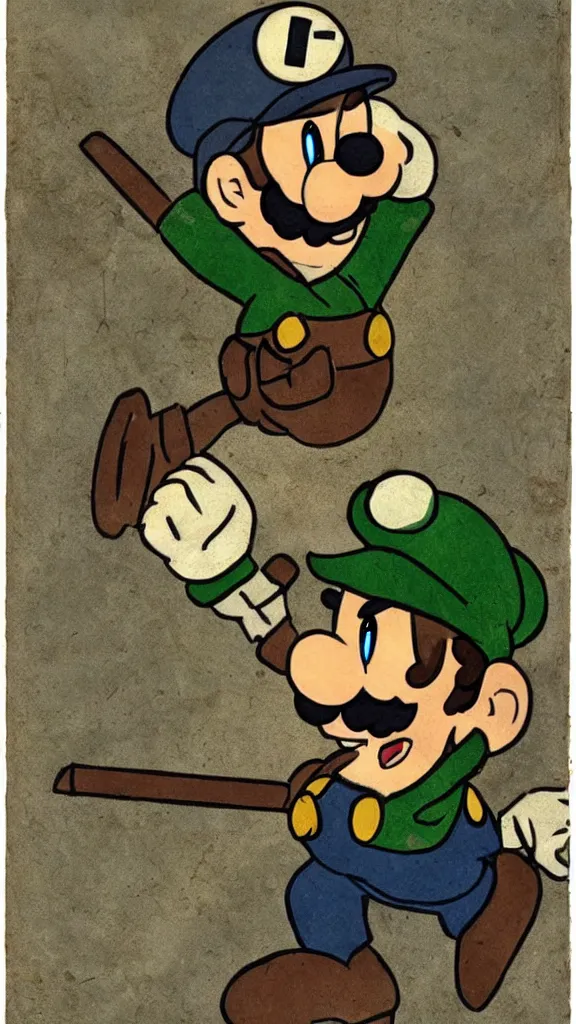 Image similar to Luigi from supermario as a world war I soldier, photograph, colorized, damaged