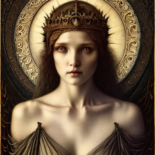 Image similar to detailed realistic beautiful young medieval queen face portrait by jean delville, tom bagshaw, brooke shaden, gustave dore and marco mazzoni, art nouveau, symbolist, visionary, gothic, pre - raphaelite, ornate gilded medieval icon, surreality