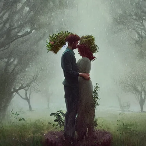 Image similar to a couple with plants growing out of their heads, growth of a couple, rainy day, atmospheric by greg rutkowski