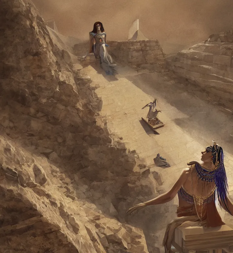 Image similar to a concept painting showing cleopatra on her throne at top of the great pyramid of giza. good quality, good light, anatomically correct, digital art, artstation 8 k