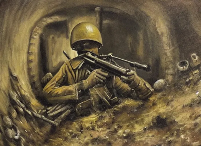 Image similar to realistic dark oil painting of spongebob squarepant inside ww 1 trenches, holding rifle, terrified, scared, war film