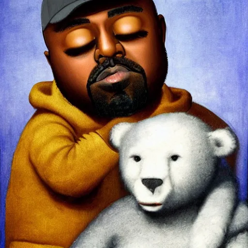 Image similar to A renaissance painting of Kanye West with a anthropomorphic Teddy Bear mascot, portrait,