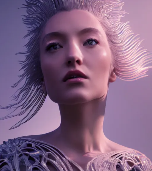 Image similar to beauteous practical sumptuous biomechanical with incredible hair, projected ray traced oled retinal overlays, crystalline masterpiece incrustations, hyperdetailed face, elegant pose, movie still, intricate, octane render, cinematic forest lighting, cgsociety, unreal engine, crepuscular rays, god rays