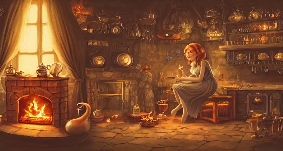 Prompt: a close - up of a fairy in a vintage magical kitchen, with a fireplace in the background d & d, fantasy, intricate, elegant, sticker illustration, artstation, concept art, smooth, sharp focus