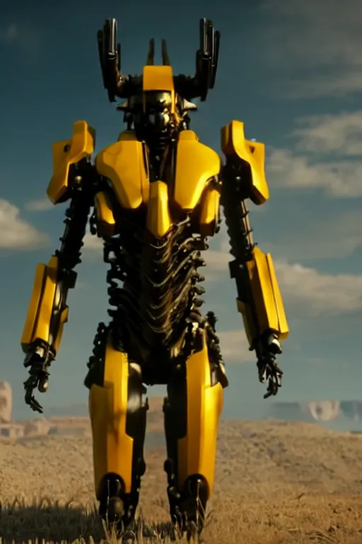 Prompt: a cinematic still from westworld, full body yellow mech bumblebee, octane render, nvidia raytracing demo, masterpiece, aged armor plating, aggressive head,