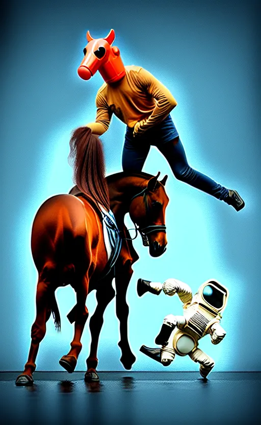 Image similar to man with a horse mask is dancing on crawling astronaut, concept art, fantasia photo