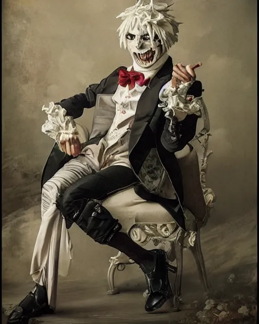 Image similar to tokyo ghoul monster ken kaneki character wearing a beautiful 1 8 th century suit with a tie, rococo style, francois boucher style, highly detailed, very realistic, painterly style