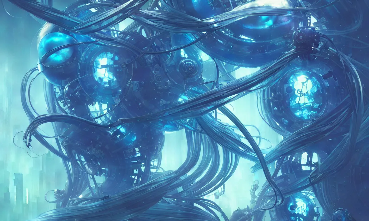 Prompt: cyberpunk jellyfish, blue tones, underwater, 360, highly detailed, digital painting, artstation, concept art, smooth, sharp focus, illustration, art by greg rutkowski and alphonse mucha