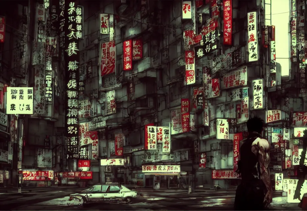 Image similar to film by madhouse and by takeshi koike, tokyo streets cyberpunk style, max payne blood, realistic